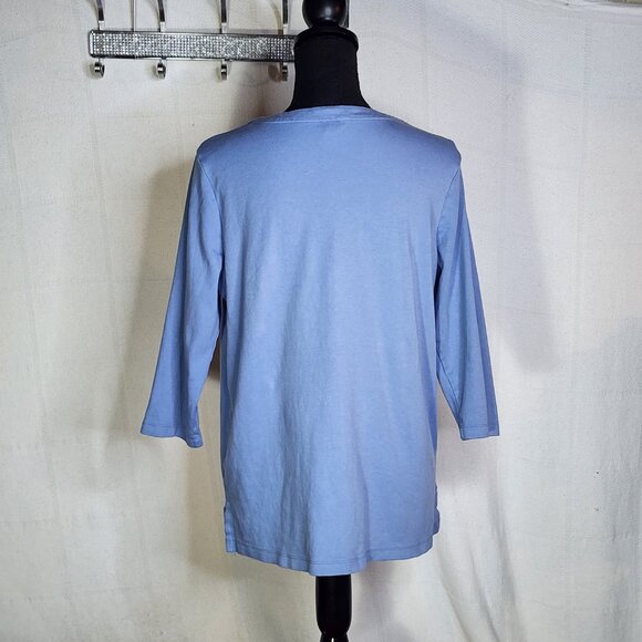 Orvis Classic Pima Cotton 3/4 Length Sleeve Denim Blue Notched V-Neck Top Size L - Picture 10 of 16